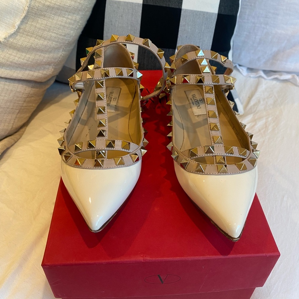Valentino Cream Studded Flats with Ankle Straps